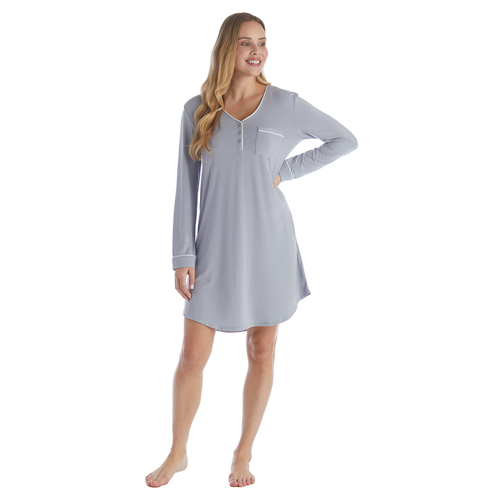 Taylor - 36" Long Sleeve Sleep Shirt with Contrast Trim Grey