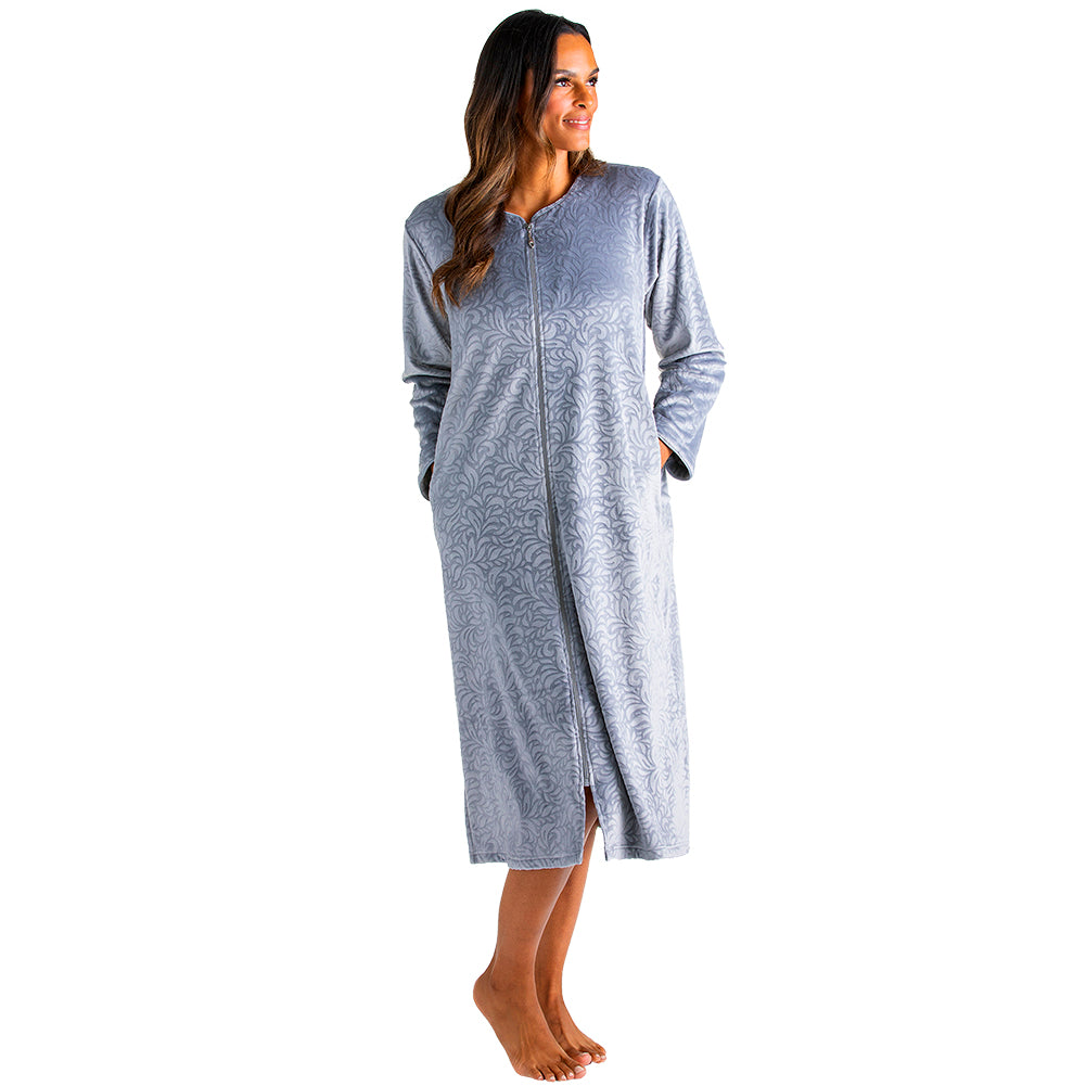 Floral Embossed Serenity Zip Robe Gray