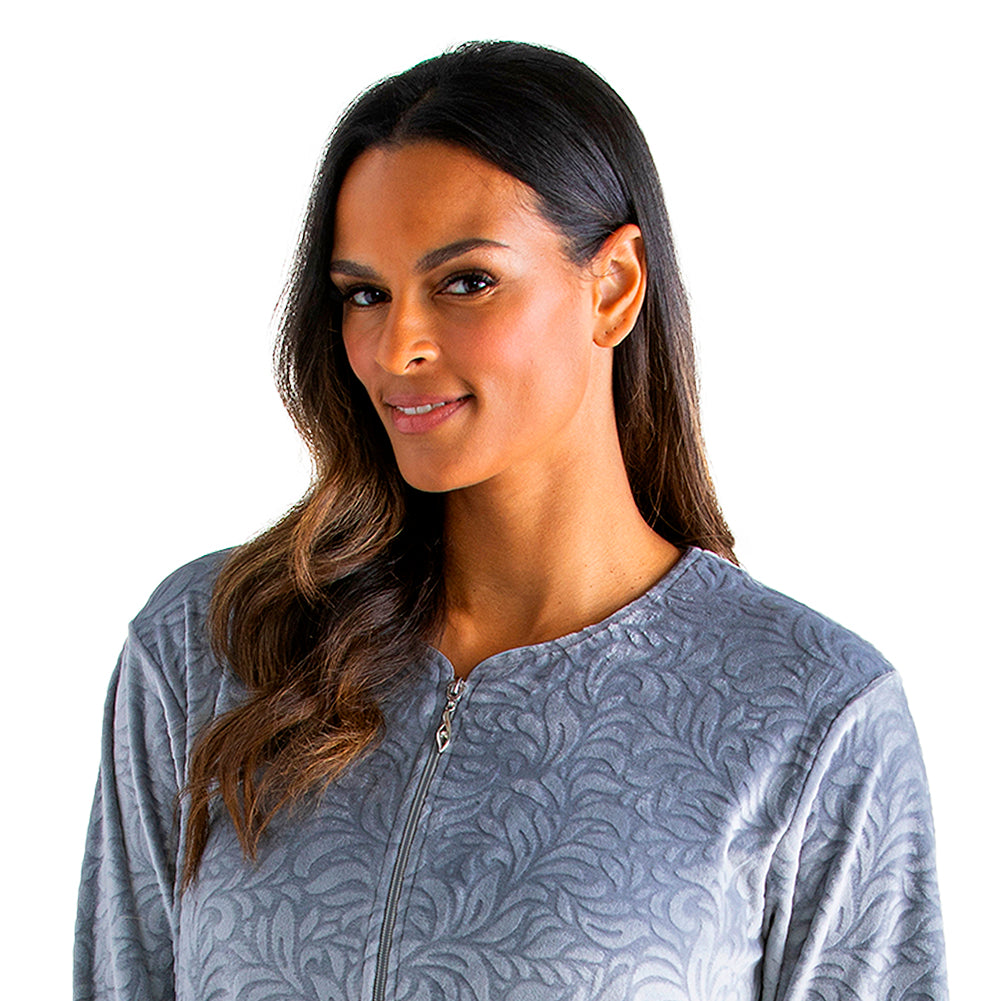 Floral Embossed Serenity Zip Robe Gray