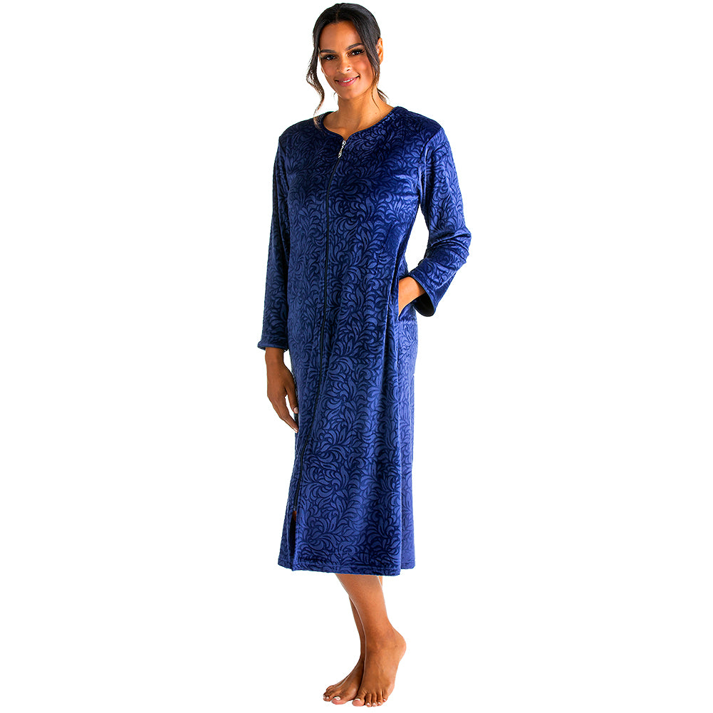 Floral Embossed Serenity Zip Robe Navy