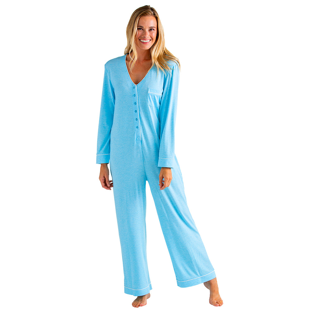 Long Sleeve Sleeper with Contrast Piping Light Blue