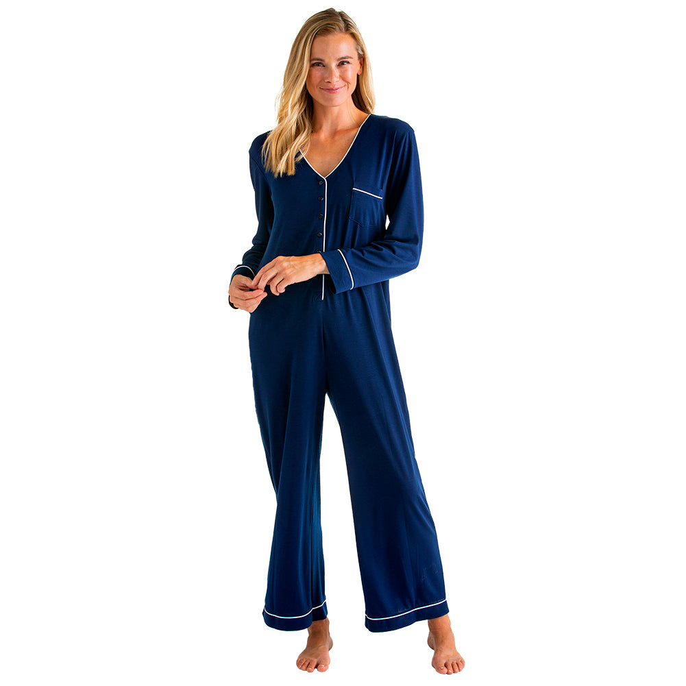 Long Sleeve Sleeper with Contrast Piping Navy