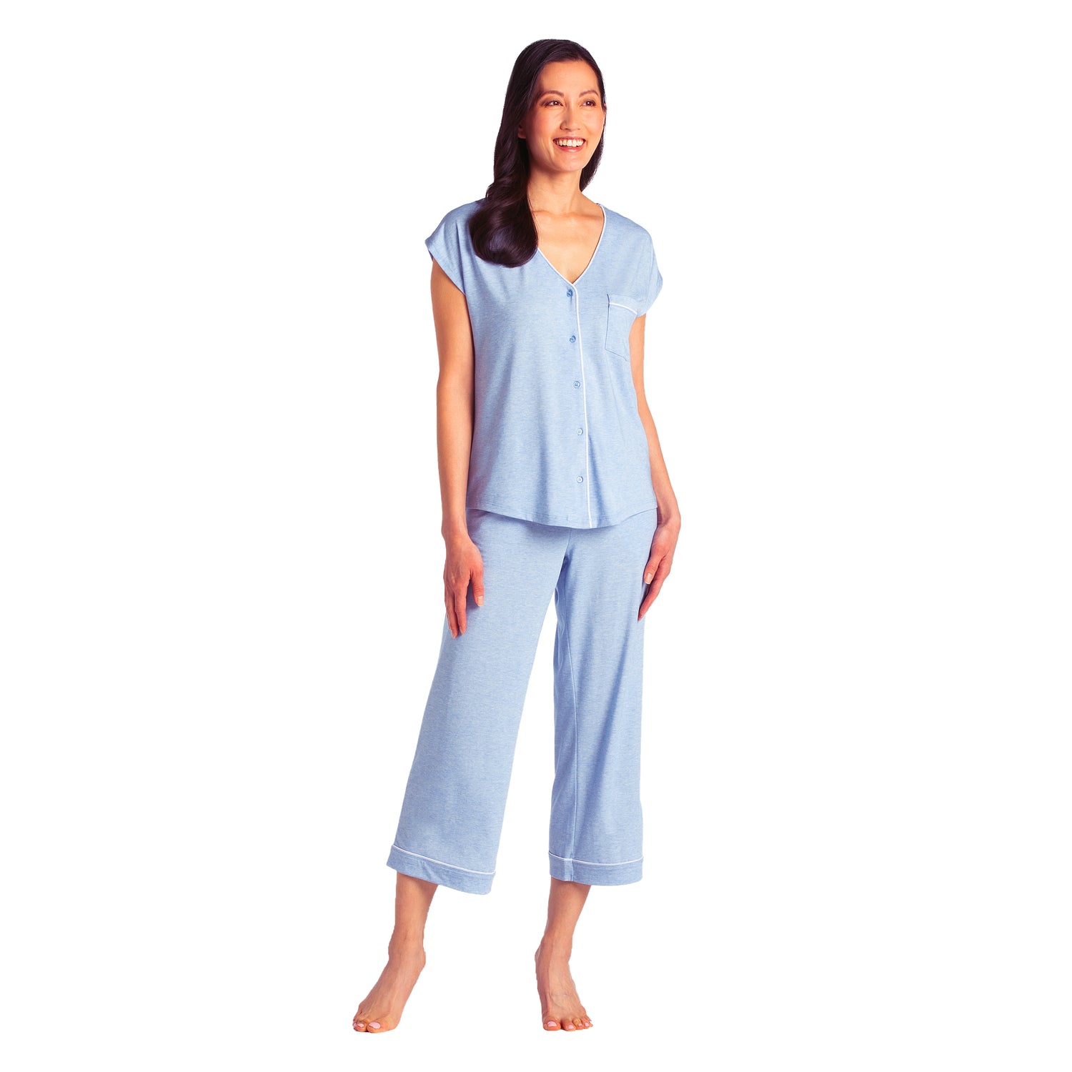 Piper - Cap Sleeve Capri-Length PJ Set with Contrast Piping Sky Blue