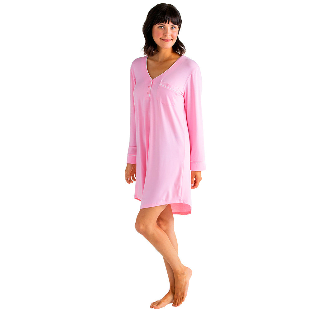 Piper - Long Sleeve Contrast Trim Night Shirt Light Pink