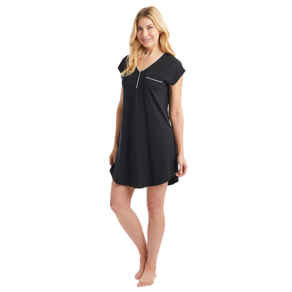 Piper - 36" Cap Sleeve V-Neck Sleep Shirt with Contrast Piping Black