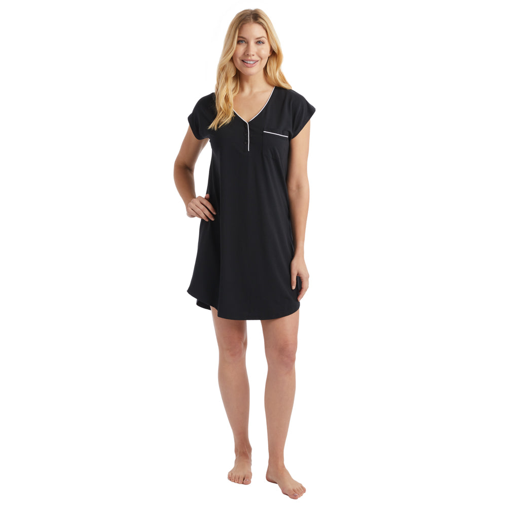 Piper - 36" Cap Sleeve V-Neck Sleep Shirt with Contrast Piping Black