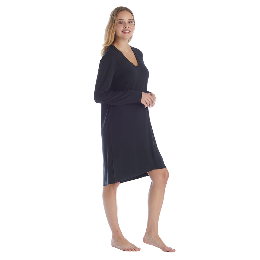 Amber - 36" Long Sleeve Sleep Shirt with Tulip Hem Black
