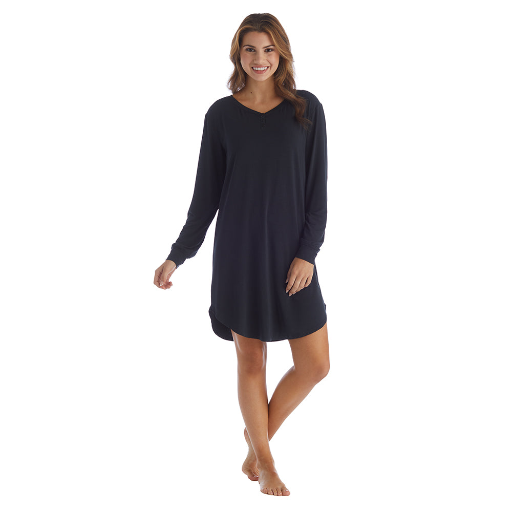 Hailey - 36" Long Sleeve Henley Sleep Shirt Black