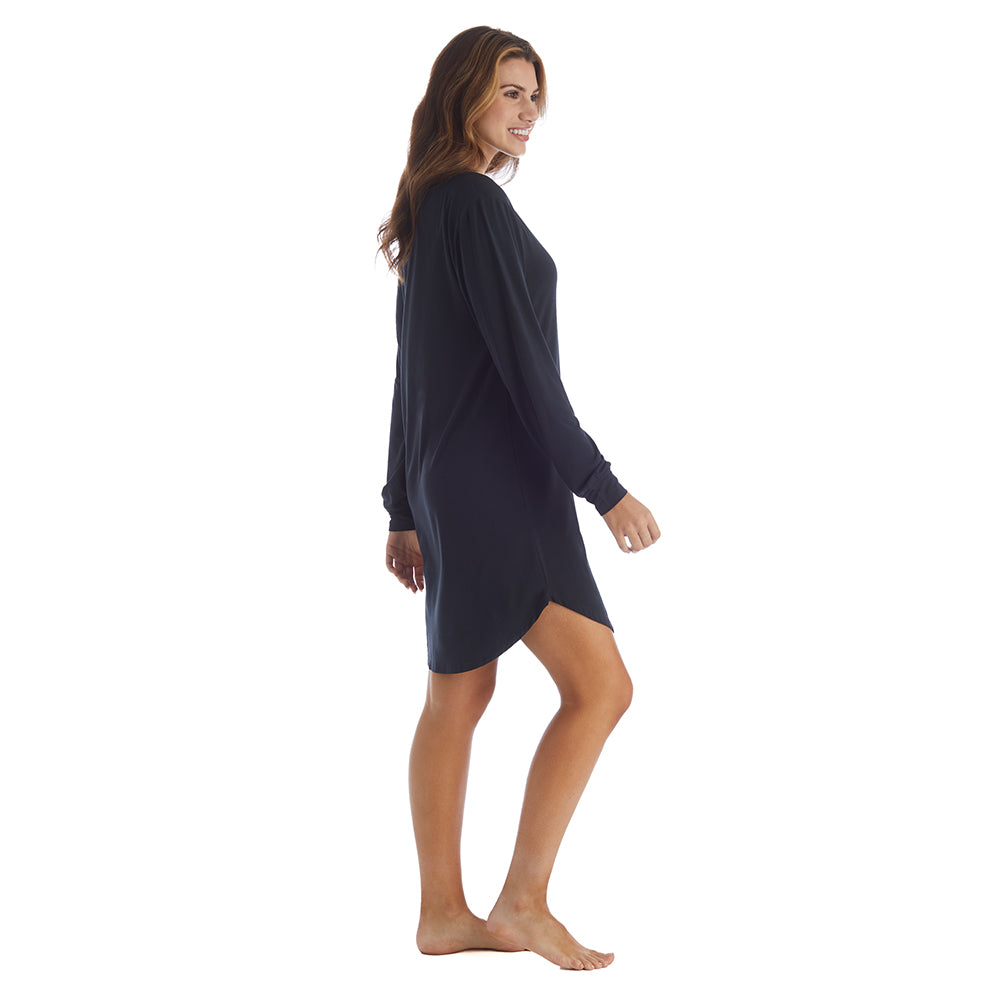Hailey - 36" Long Sleeve Henley Sleep Shirt Black