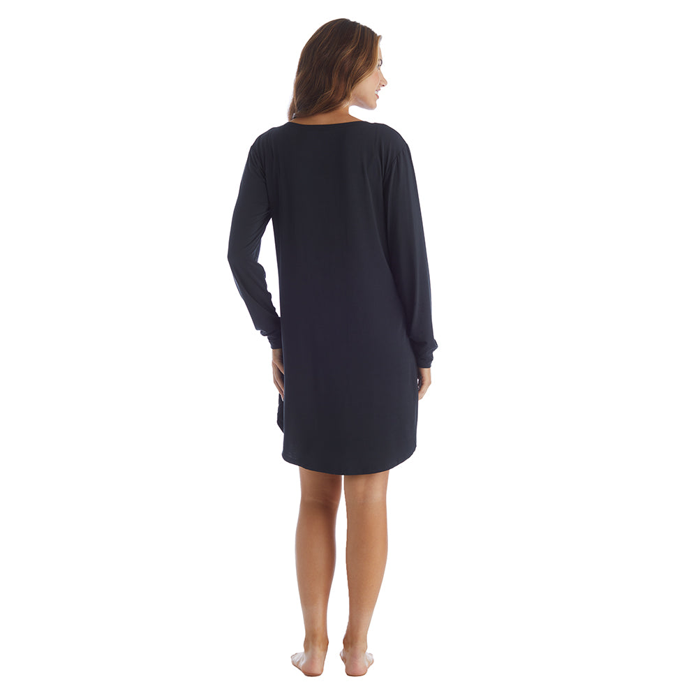 Hailey - 36" Long Sleeve Henley Sleep Shirt Black