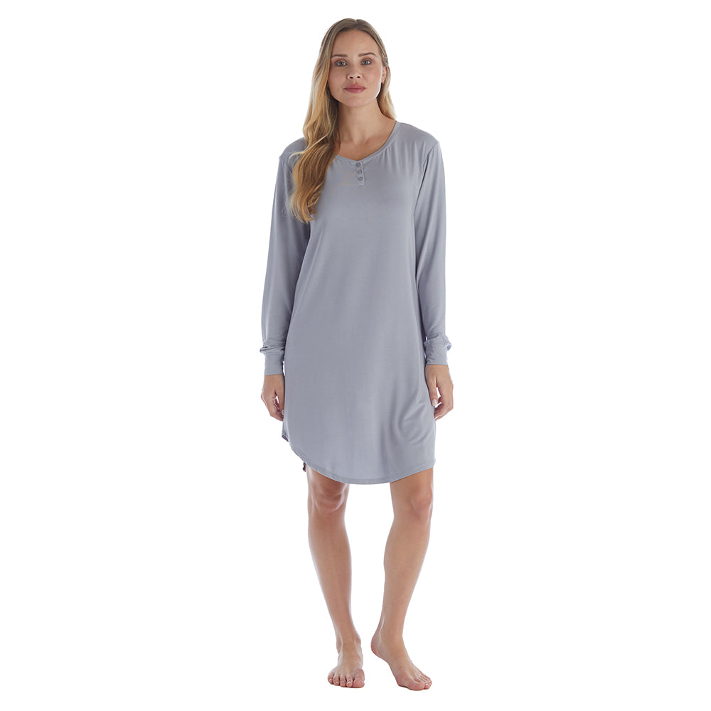 Hailey - 36" Long Sleeve Henley Sleep Shirt Grey
