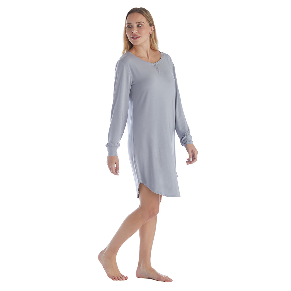 Hailey - 36" Long Sleeve Henley Sleep Shirt Grey