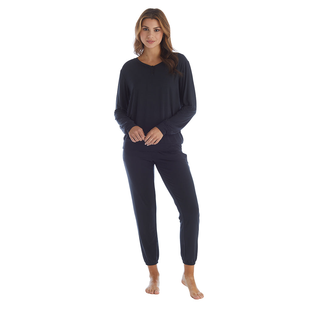 Hailey - Long Sleeve Henley with Jogger PJ Set Black