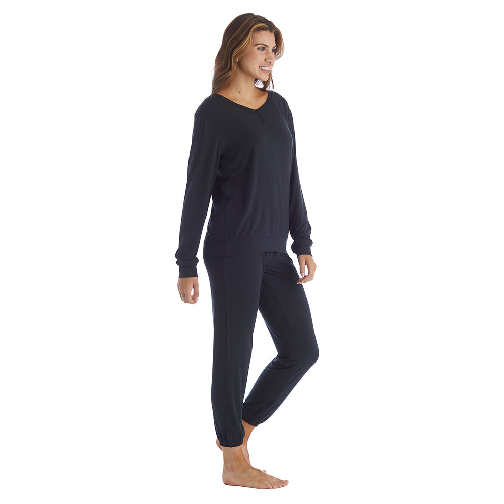 Hailey - Long Sleeve Henley with Jogger PJ Set Black