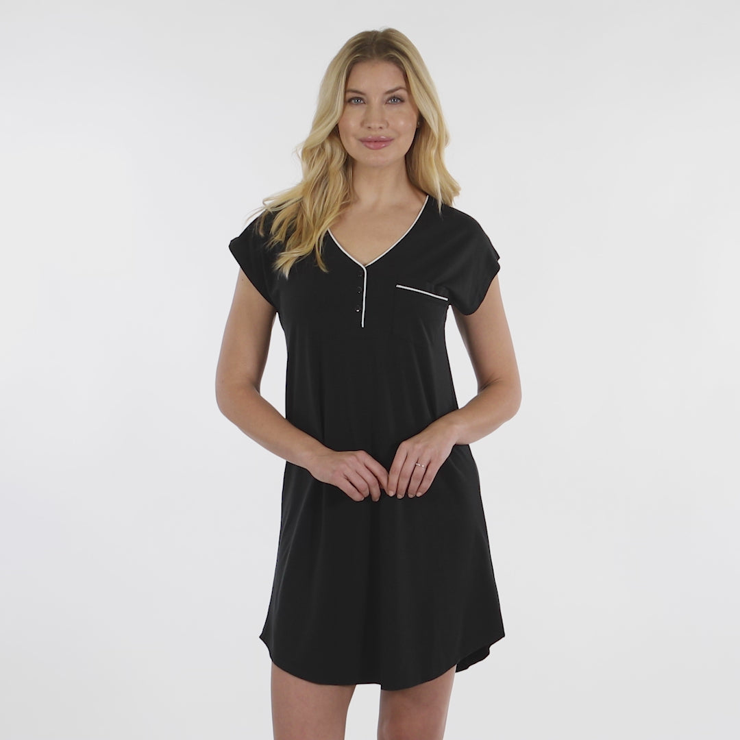 Piper - 36" Cap Sleeve V-Neck Sleep Shirt with Contrast Piping Black