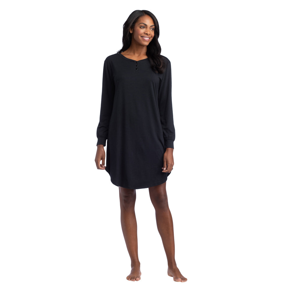 Hannah - 36" LS Henley Sleep Shirt Black