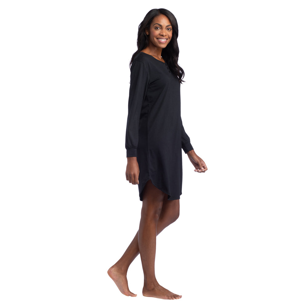 Hannah - 36" LS Henley Sleep Shirt Black