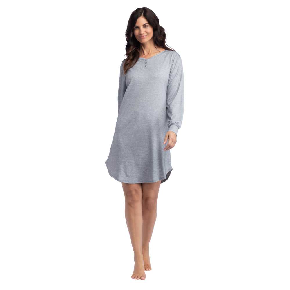 Hannah - 36" LS Henley Sleep Shirt Heather Grey