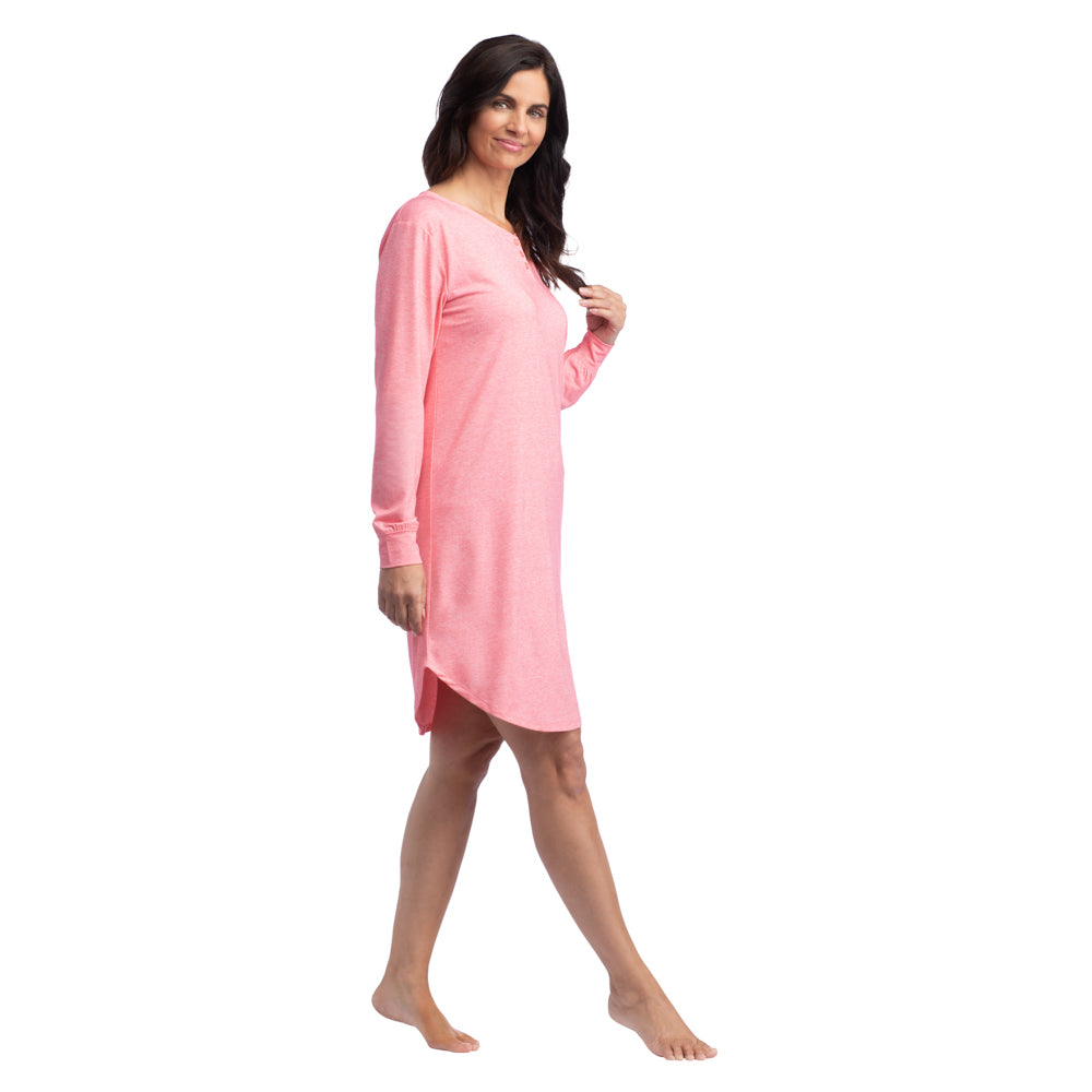 Hannah - 36" LS Henley Sleep Shirt Heather Strawberry