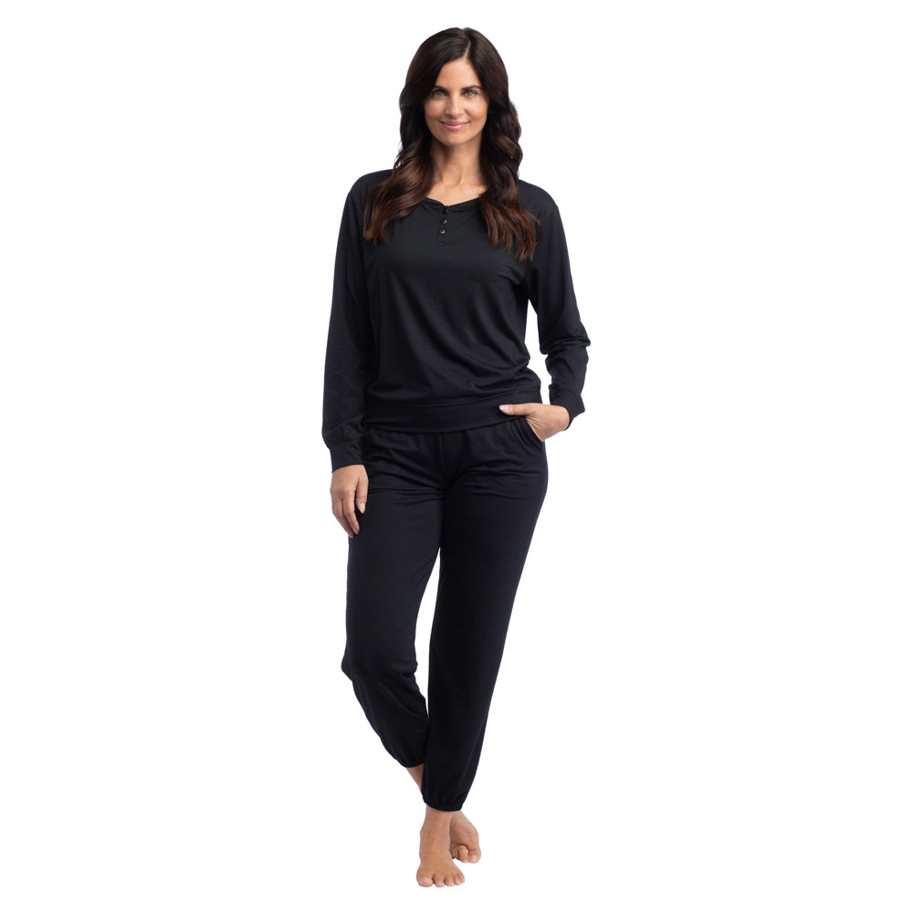 Hannah -  LS Henley Ankle PJ Set Black