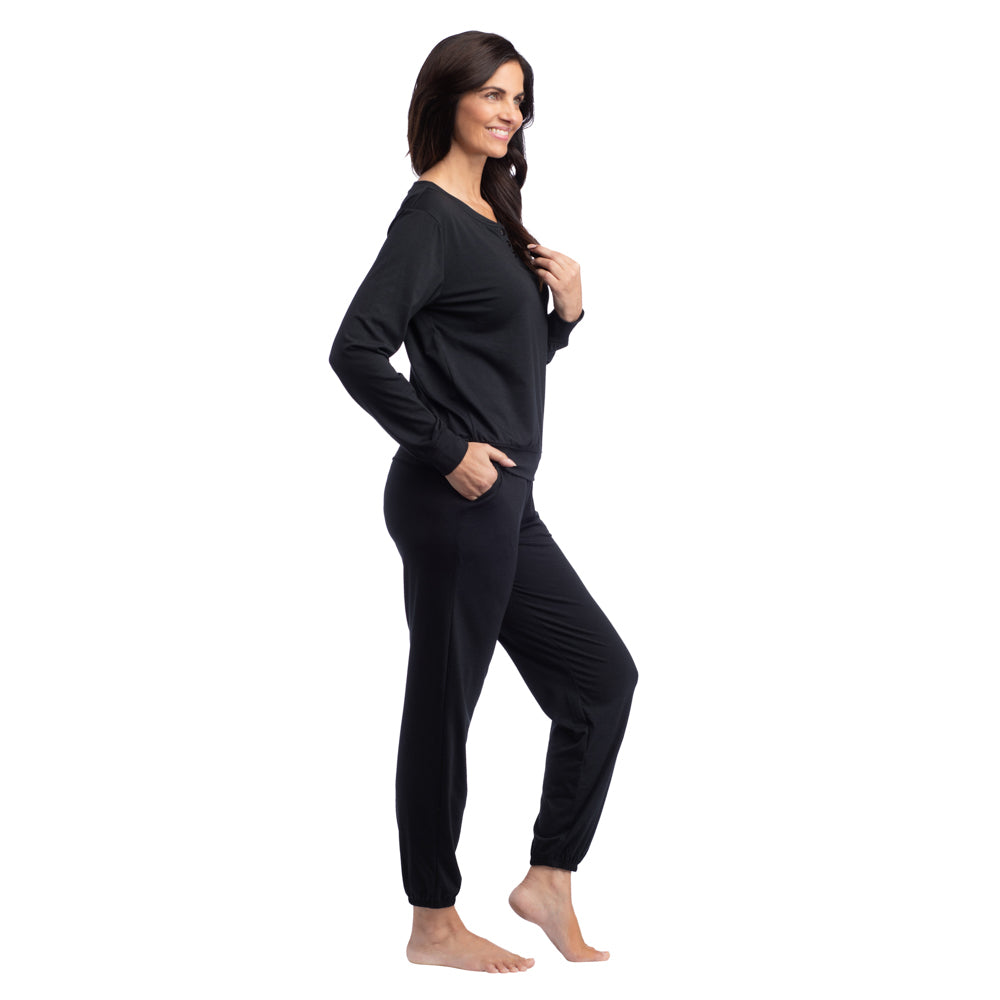 Hannah -  LS Henley Ankle PJ Set Black