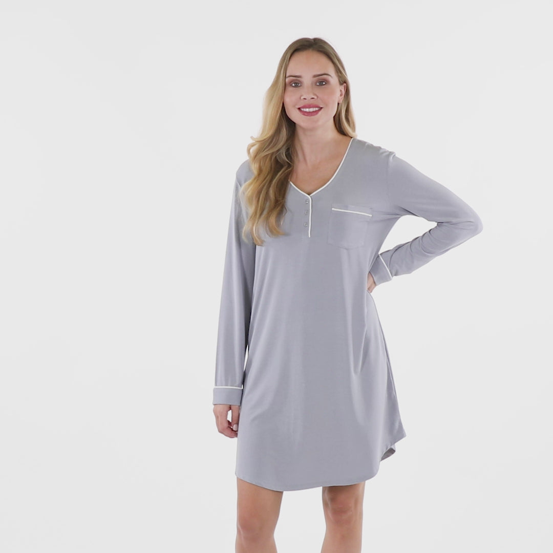 Taylor - 36" Long Sleeve Sleep Shirt with Contrast Trim Grey