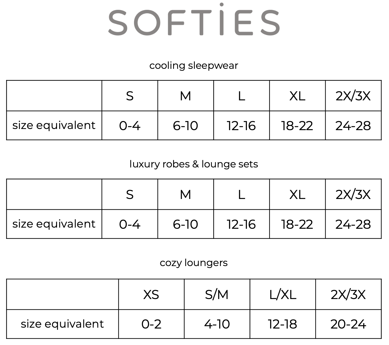 Softies generic size chart